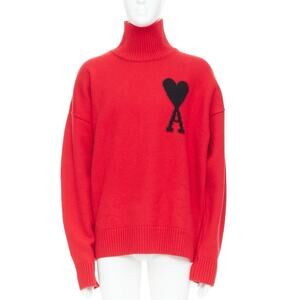 NWT Ami De Coeur Red Virgin Wool Black Heart Logo Turtleneck Sweater Mens Large